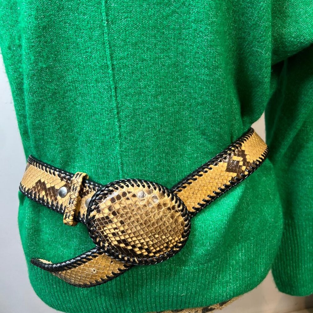 Vintage Snakeskin Belt Wide Exotic Leather Oval Buckle Whipstitch Trim Boho
